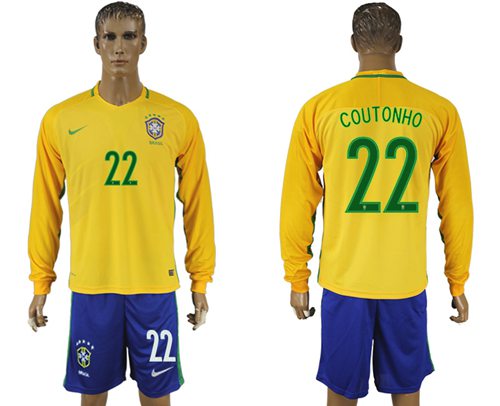 Brazil #22 Coutonho Home Long Sleeves Soccer Country Jersey - Click Image to Close